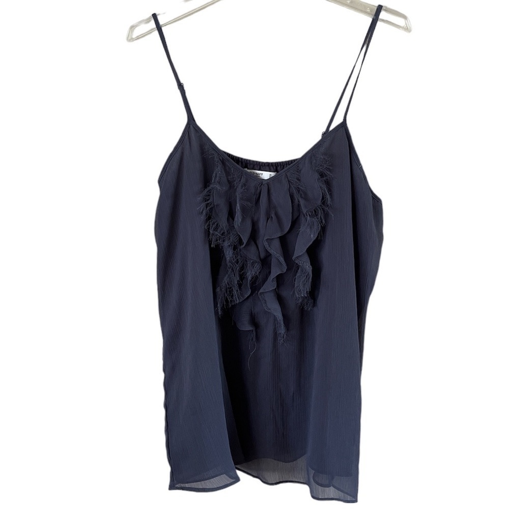 Old Navy sheer straps tank top size large gray raw hem ruffle in the front